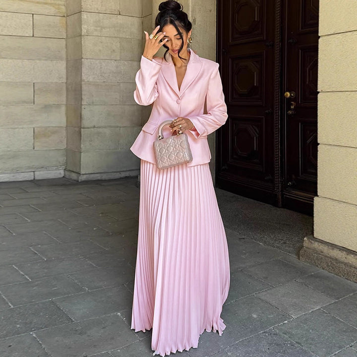 Women's Tailored Blazer and Midi Skirt Set with Pleated Skirt & Tied Belt Mune Fashion