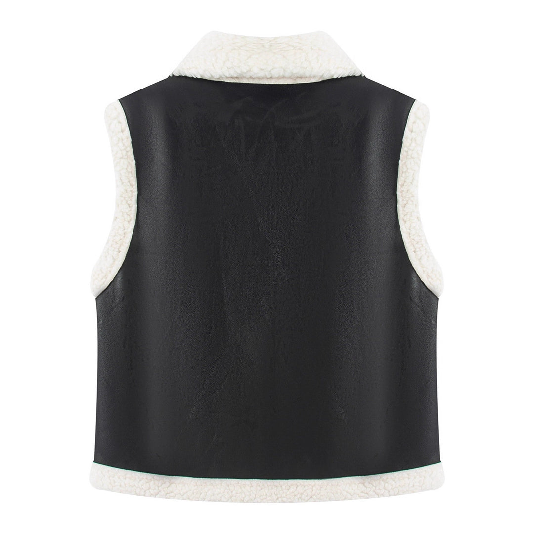 Women's Sleeveless Lambskin Look Vest with Notched Collar and Patch Pockets Mune Fashion