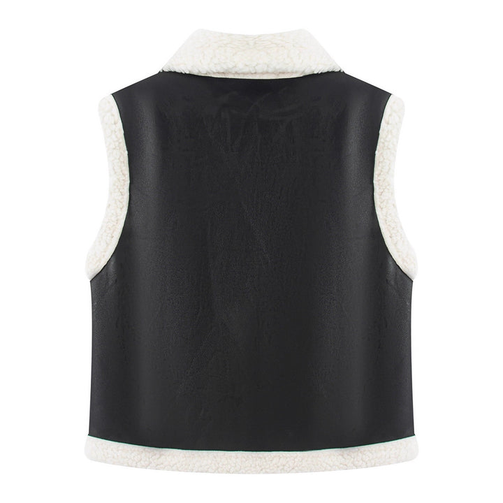 Women's Sleeveless Lambskin Look Vest with Notched Collar and Patch Pockets Mune Fashion