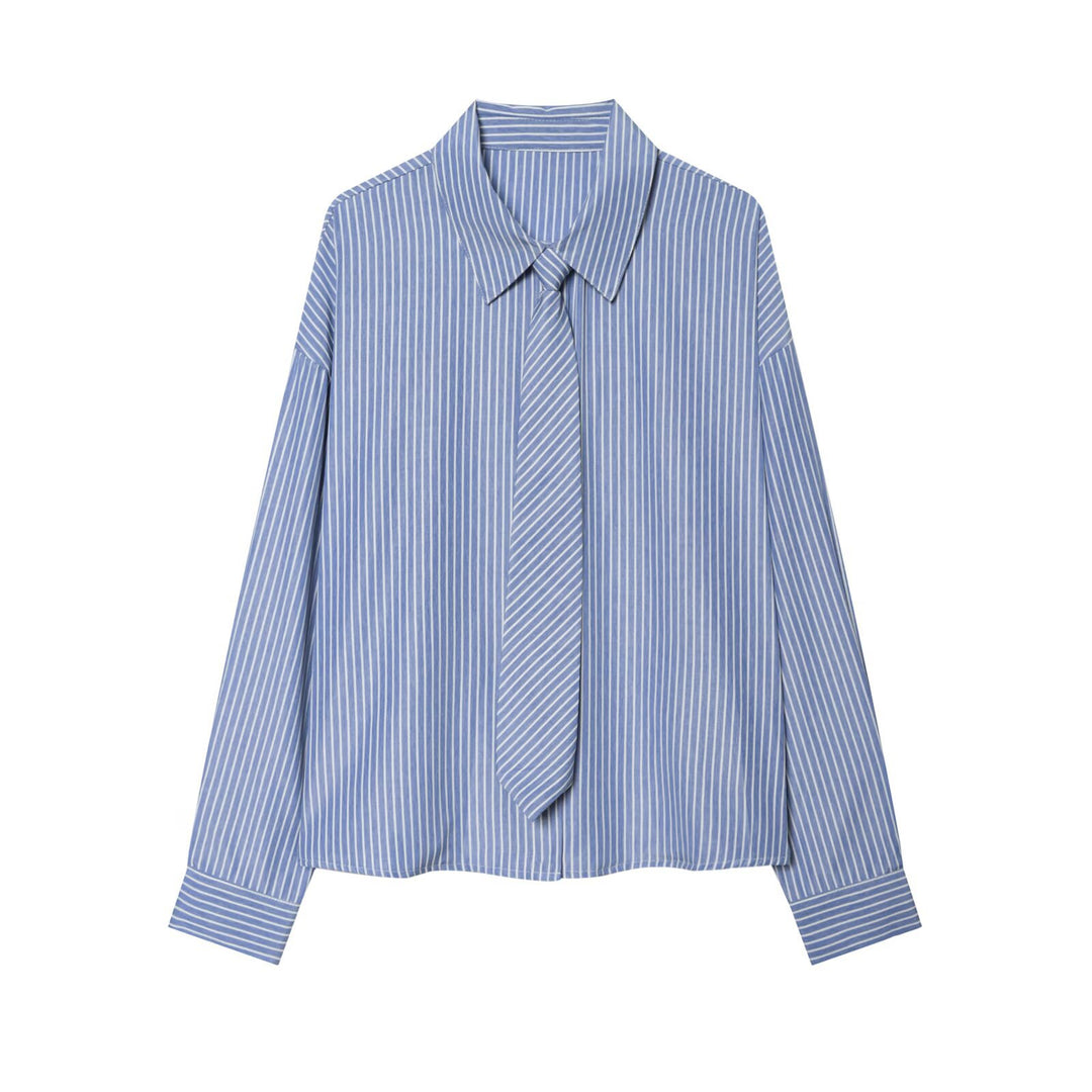 Women's Oversized Shirt Blouse with Integrated Tie and Fine Pinstripe Mune Fashion