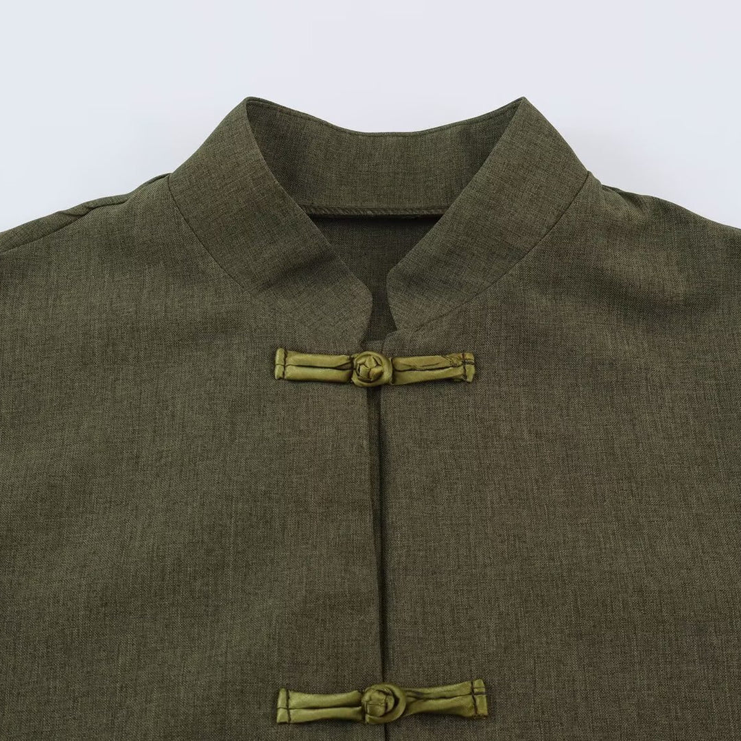 Women's Boxy Linen Blend Jacket with Stand Collar and Chinese Toggle Closures Mune Fashion