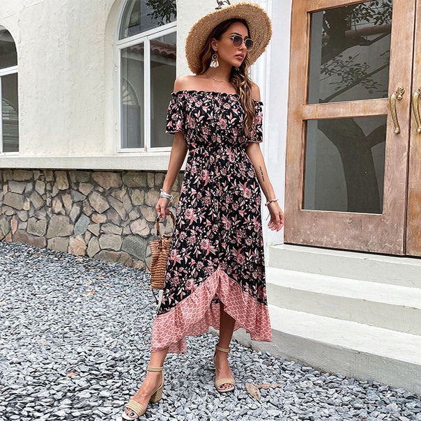 Women's Off-Shoulder Boho Maxi Dress with Elastic Smocked Waist, Floral Patchwork and High Side Slit Mune Fashion