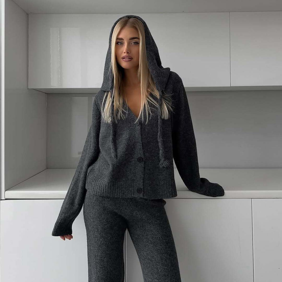 Women's cozy fine knit cardigan set with V-neck and high-cut flared pants Mune Fashion