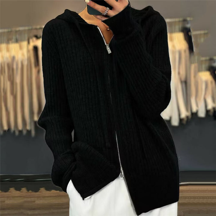 Women's oversized ribbed knit hoodie cardigan with two-way zipper and cashmere blend Mune Fashion