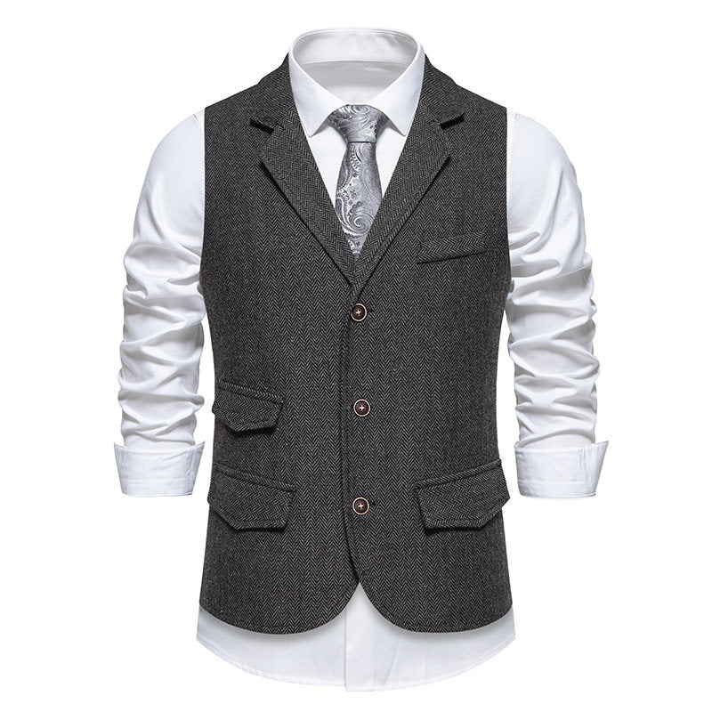 Men's tweed vest with herringbone structure, lapel collar and flap pockets Mune Fashion