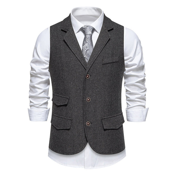 Men's tweed vest with herringbone structure, lapel collar and flap pockets Mune Fashion