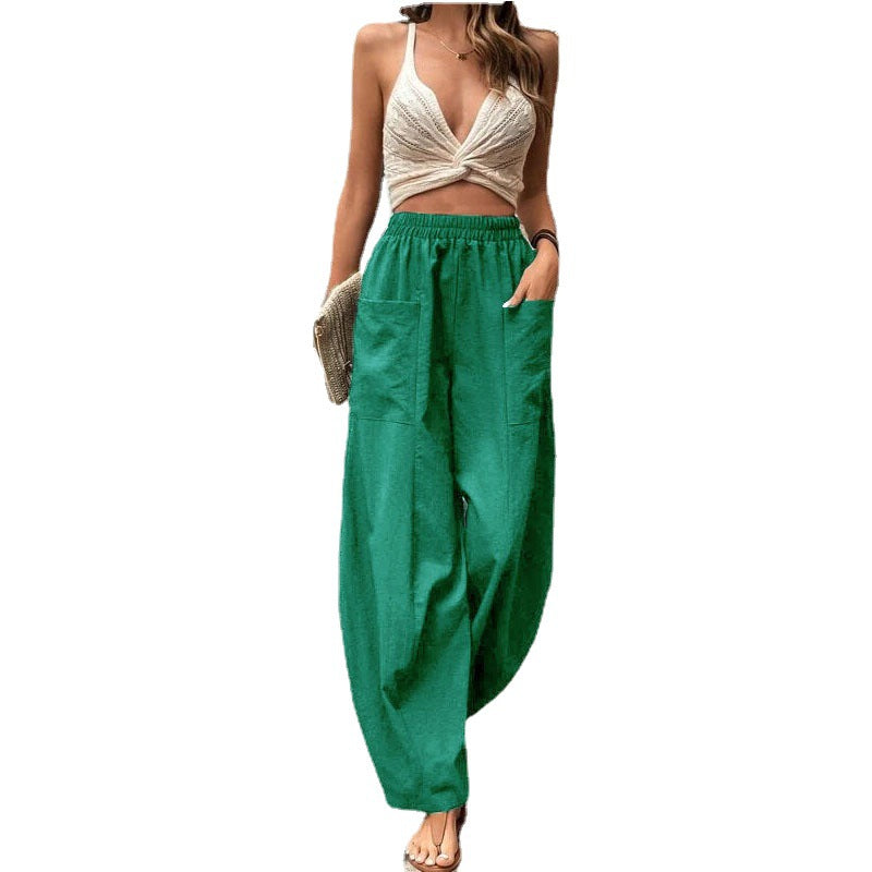 Women's Lightweight Linen Pants with Wide Leg, High Elastic Waistband, and Patch Pockets Mune Fashion