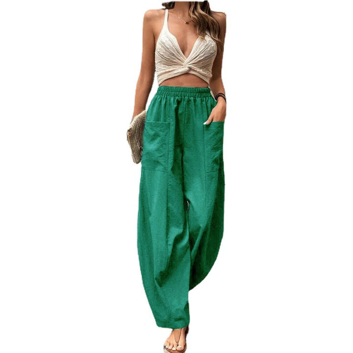 Women's Lightweight Linen Pants with Wide Leg, High Elastic Waistband, and Patch Pockets Mune Fashion