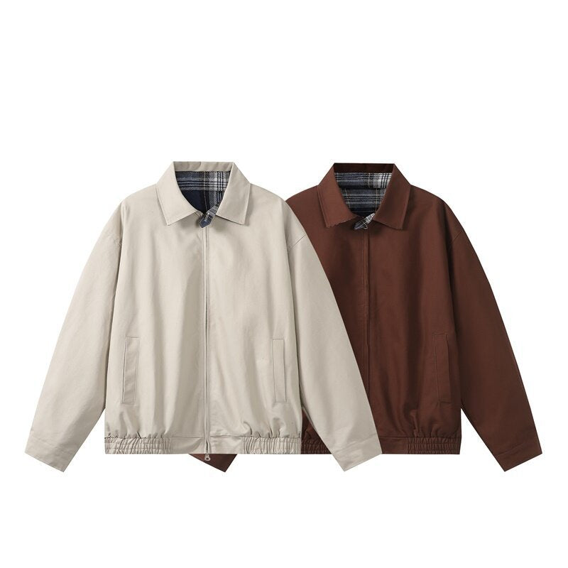 Unisex Short-Cut Boxy Blouson Jacket with Checked Stand Collar, Elastic Hem, and Two-Way Zipper Mune Fashion