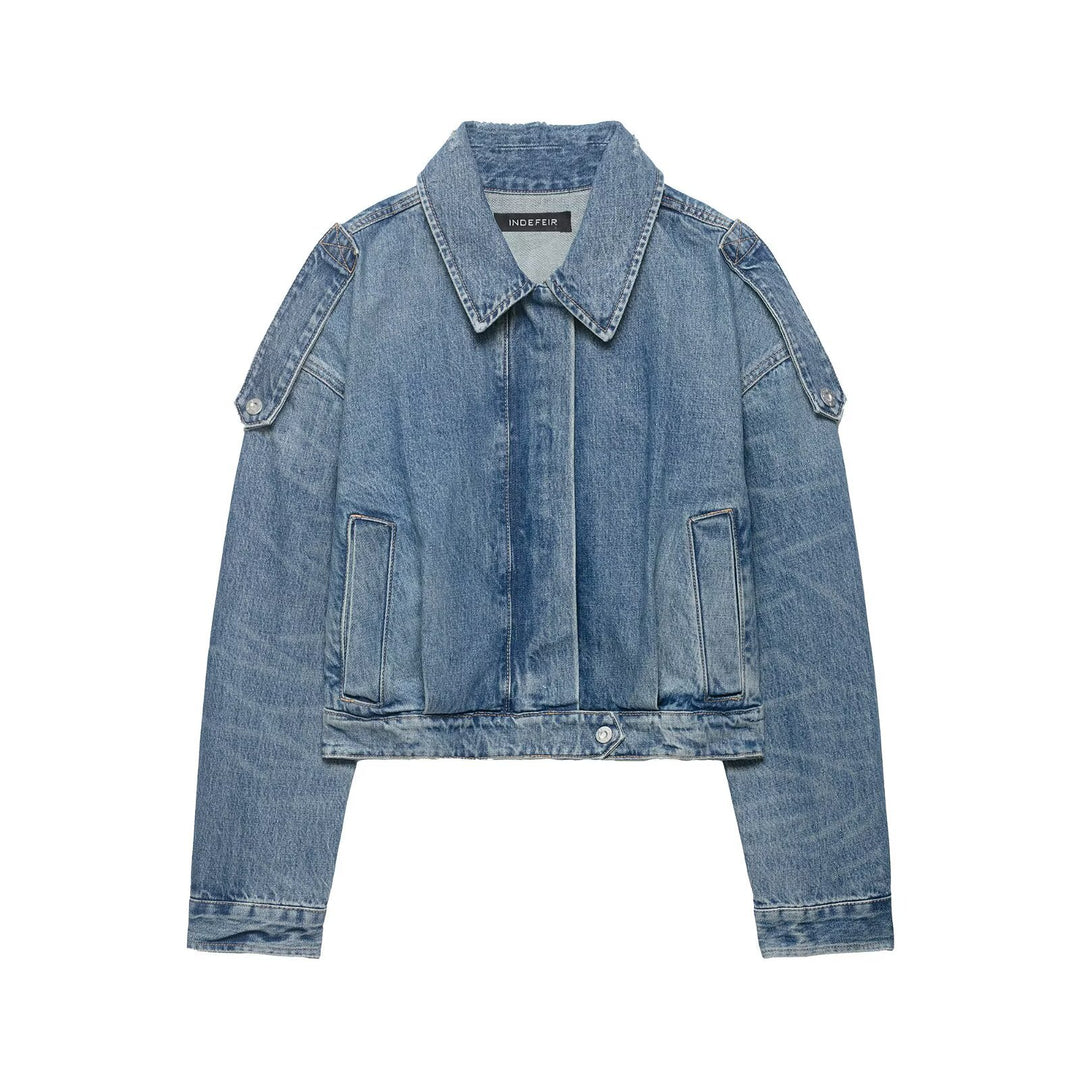 Ladies Cropped Denim Jacket with Epaulettes, Concealed Button Placket and Waist Belt Mune Fashion