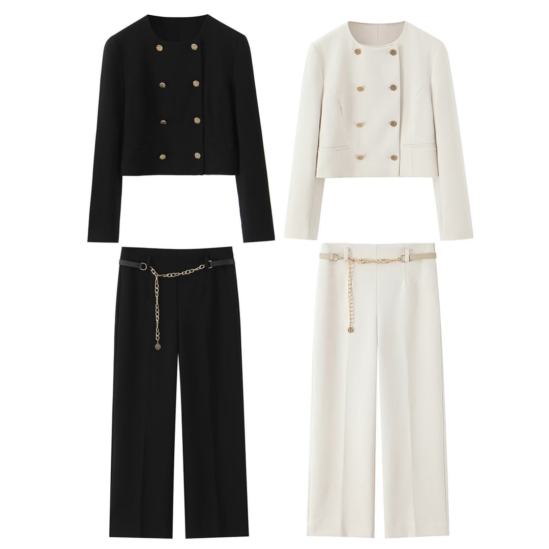 Women Short Double-Breasted Blazer with Round Neck and Decorative Buttons Mune Fashion