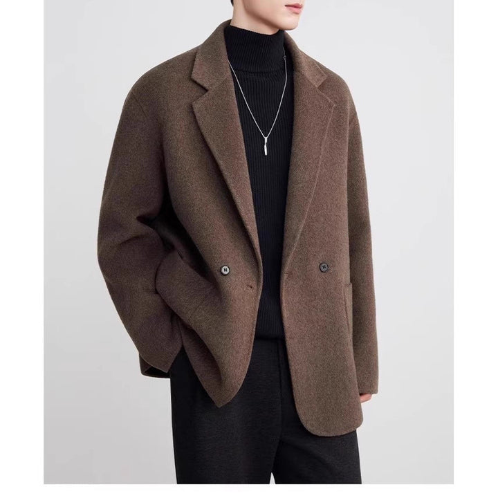 Men's Oversized Double-Breasted Wool Blend Short Coat with Patch Pockets Mune Fashion