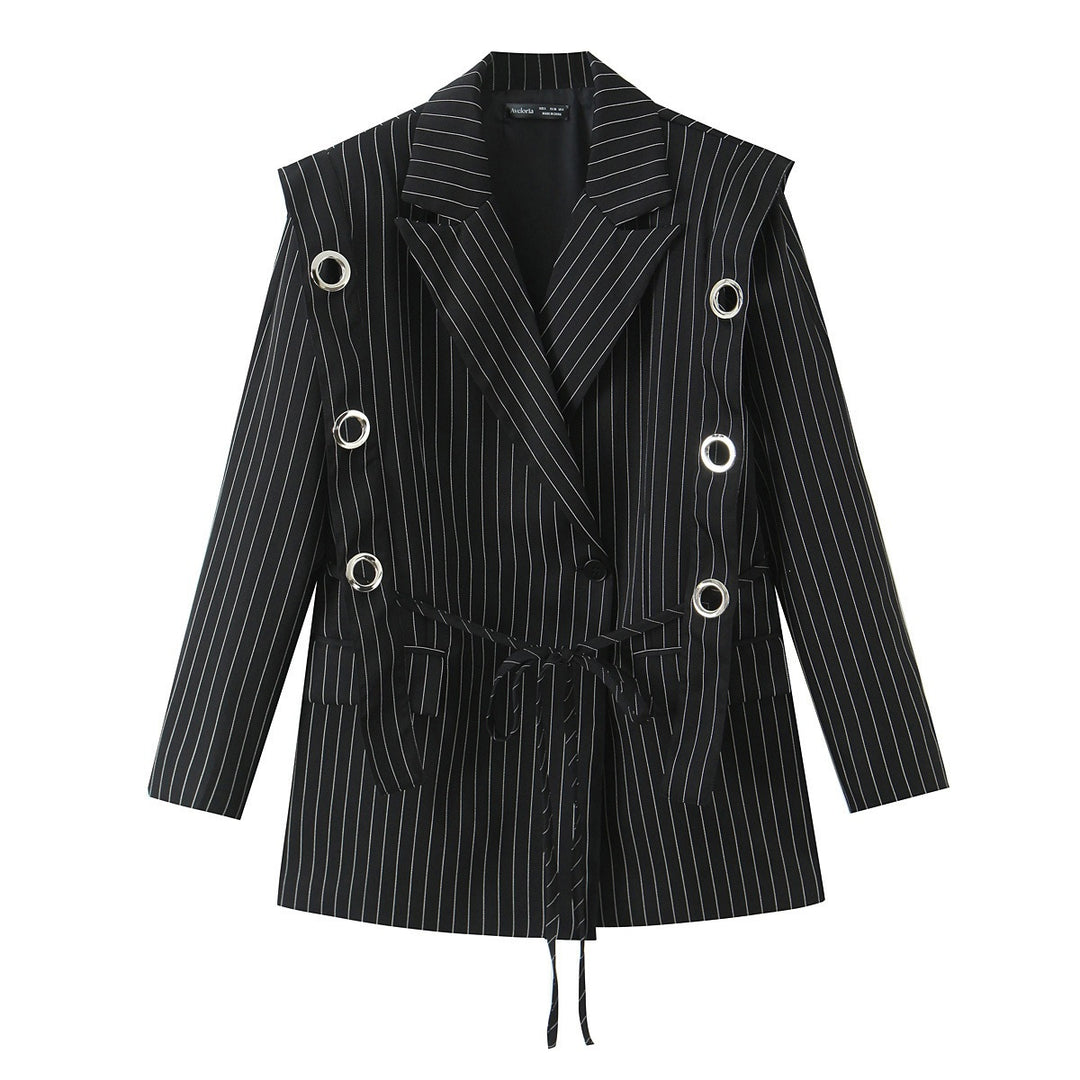 Women pinstripe blazer with eyelet application and drawstring Mune Fashion