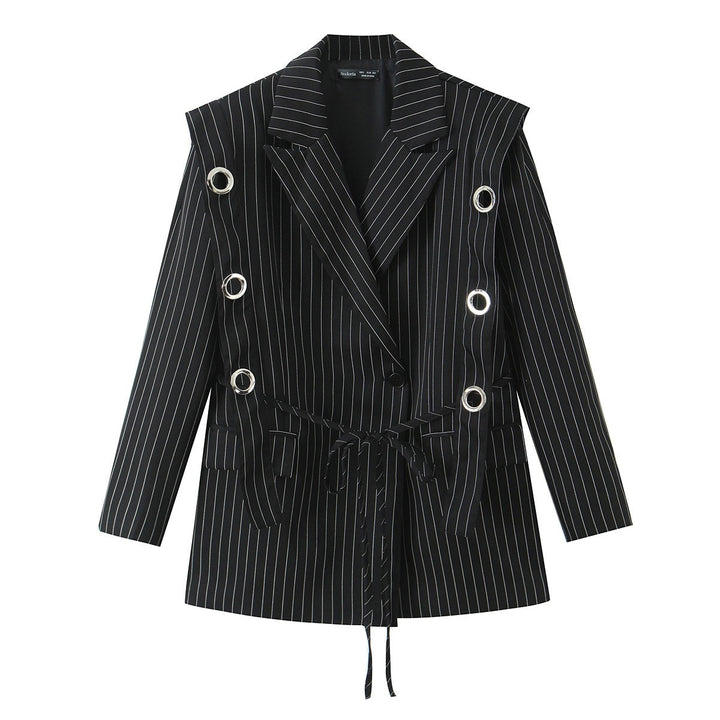 Women pinstripe blazer with eyelet application and drawstring Mune Fashion