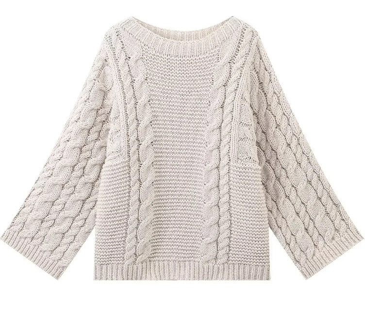 Women's 1800+ Oversize Cable Knit Sweater with Wide Round Neck and Balloon Sleeves Mune Fashion