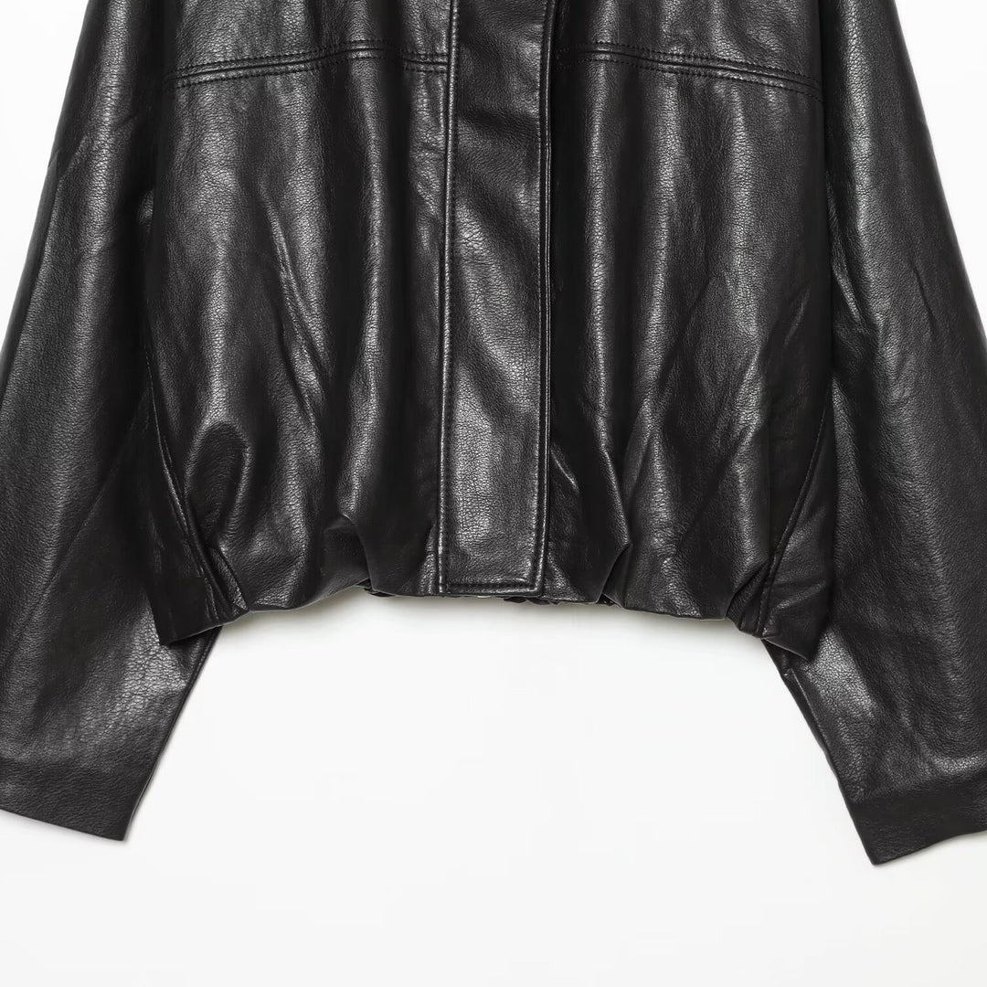 Women's Cropped Boxy Faux Leather Jacket with High Funnel Collar and Concealed Placket Mune Fashion