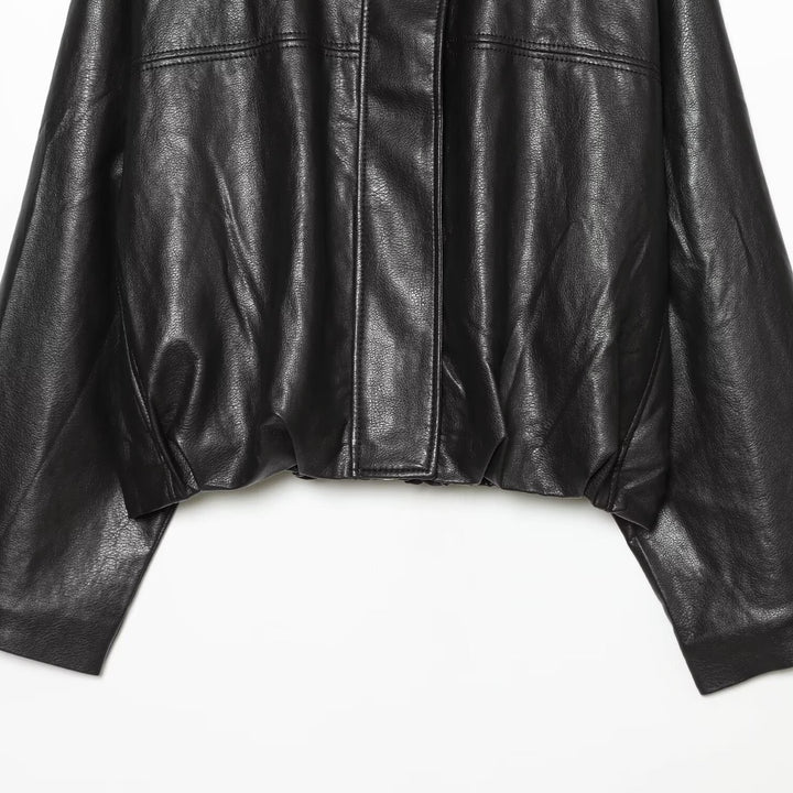 Women's Cropped Boxy Faux Leather Jacket with High Funnel Collar and Concealed Placket Mune Fashion