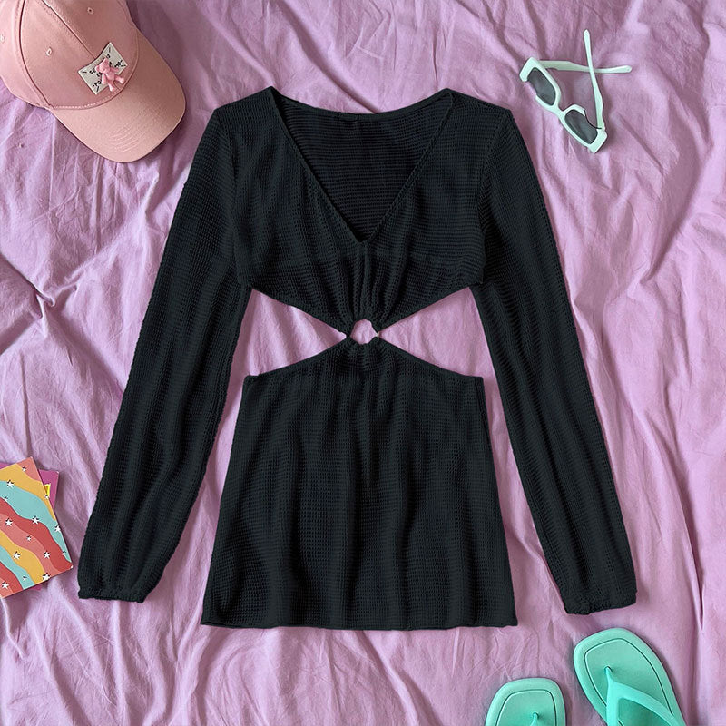 Women Cut-Out Mini Dress with Long Sleeves and Ring Detail Mune Fashion