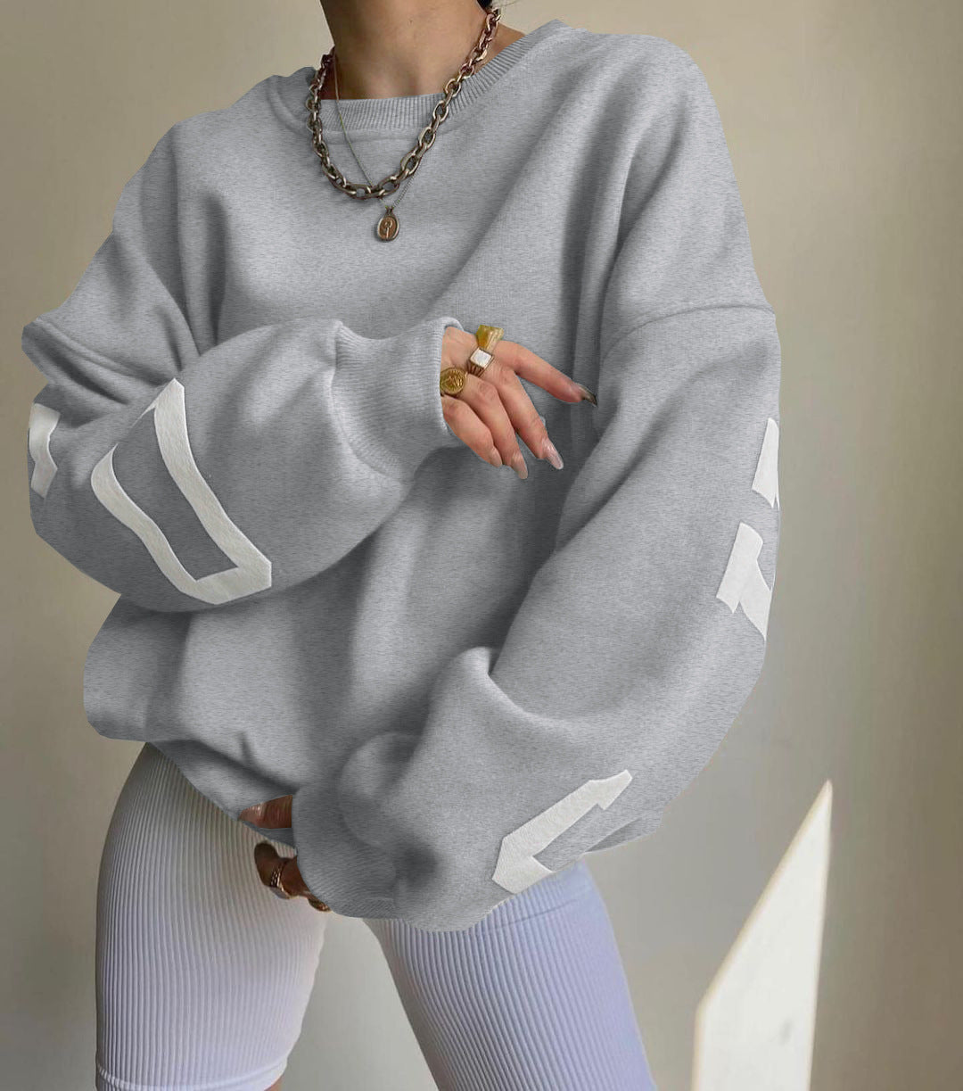 Women's Oversized Sweatshirt with Block Print Sleeves and Wide Drop Shoulder Cut Mune Fashion