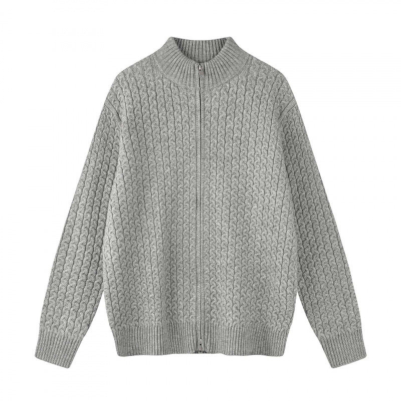 Unisex Boxy Cardigan with Cable Pattern, Stand-up Collar and Two-way Zipper Mune Fashion
