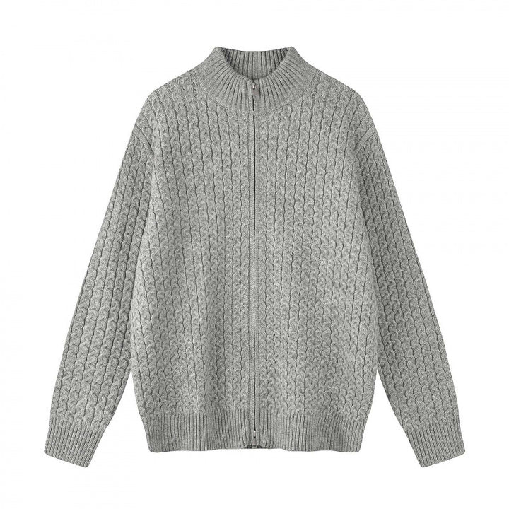 Unisex Boxy Cardigan with Cable Pattern, Stand-up Collar and Two-way Zipper Mune Fashion