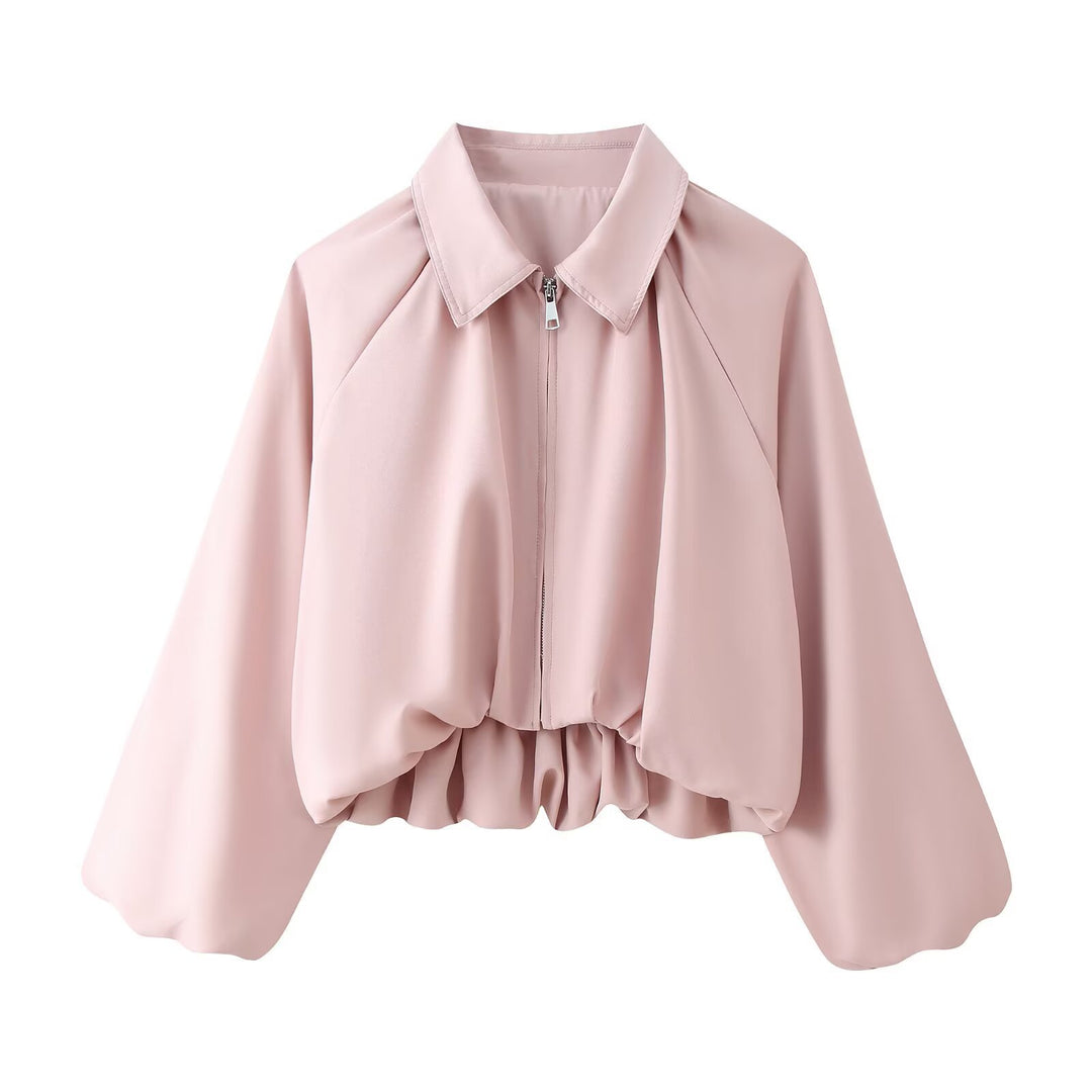 Women's Cropped Bomber Jacket with Shirt Collar, Zipper and Gathered Hem Mune Fashion