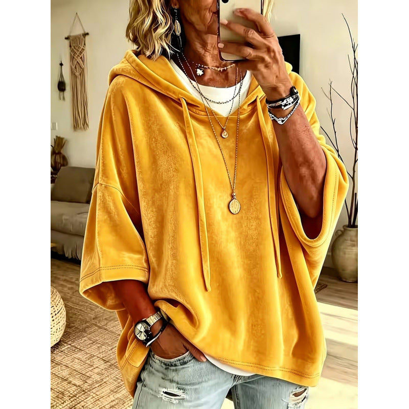 Ladies Luxurious Velvet Hoodie with Kimono Short Sleeves and Drawstring Mune Fashion