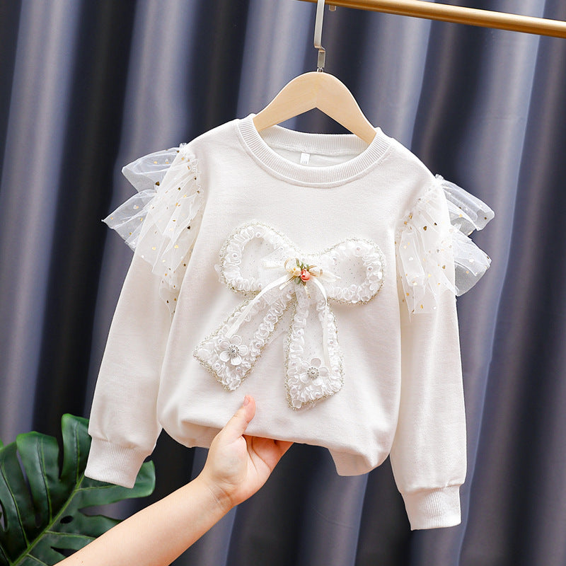 Girls fashion sweatshirt with transparent puff sleeves and bow detail Mune Fashion