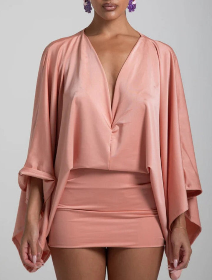 Women nan cape mini dress with deep V-neck, batwing sleeves and tailored mini skirt Mune Fashion