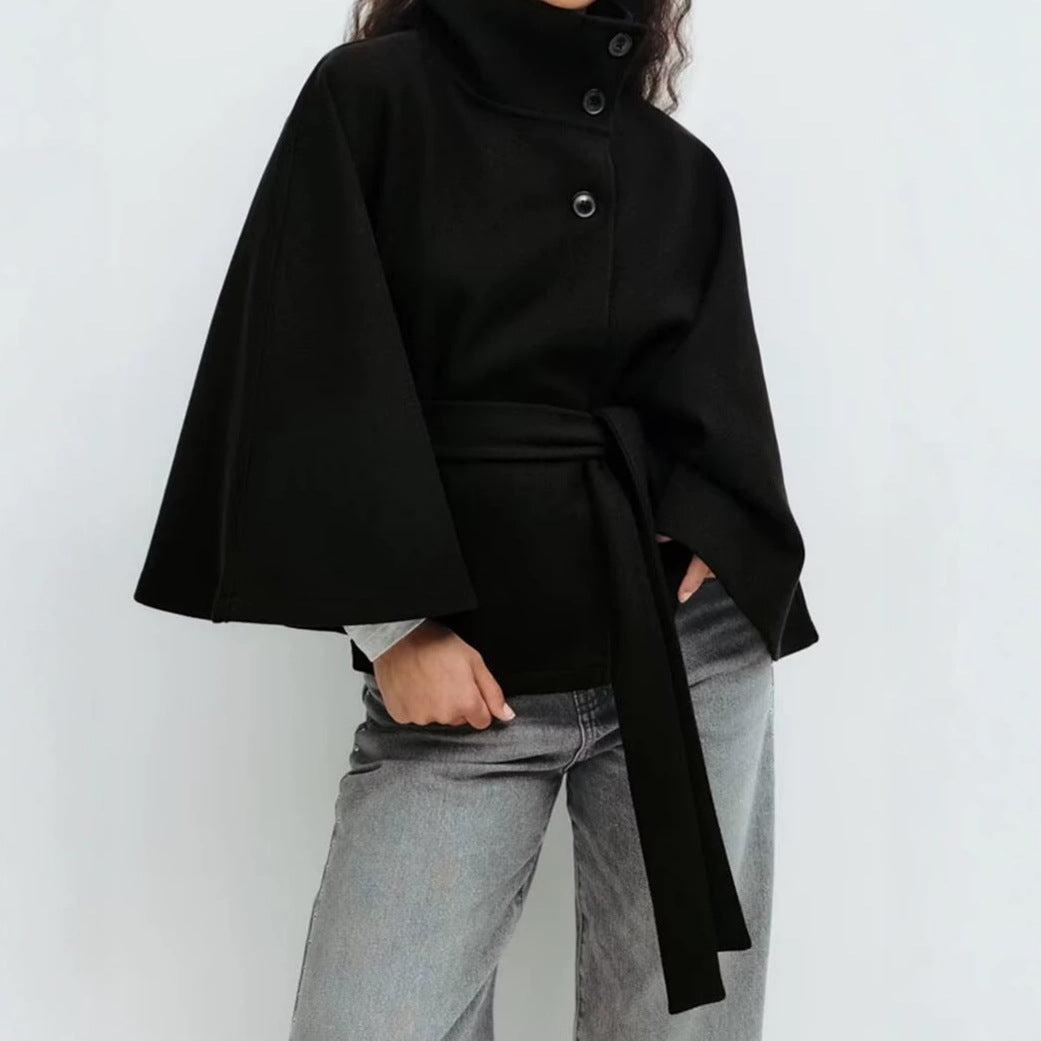 Women's short cape with stand-up collar, concealed button placket, and waist tie belt Mune Fashion