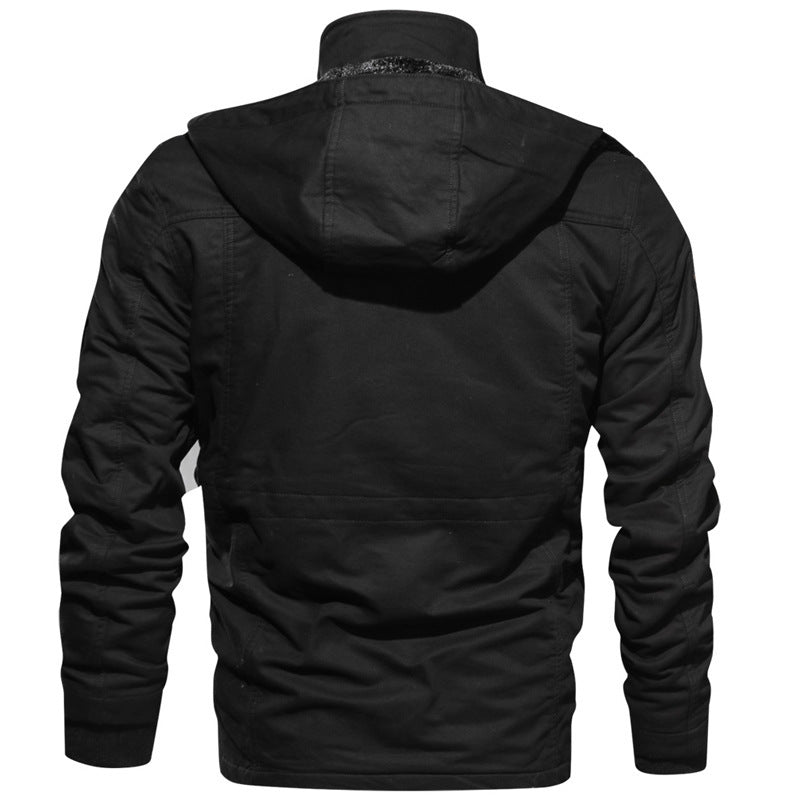 Men's windproof multifunctional field jacket made of canvas with warming teddy plush lining and adjustable drawstring hood