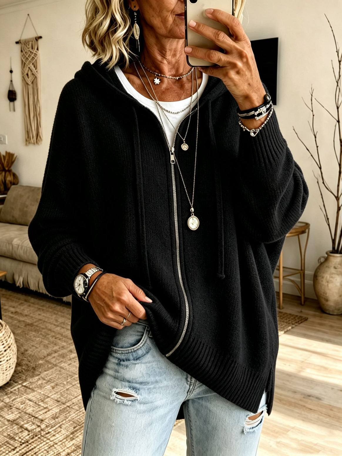Women's Oversize Hooded Zip Cardigan made of soft fine knit Mune Fashion