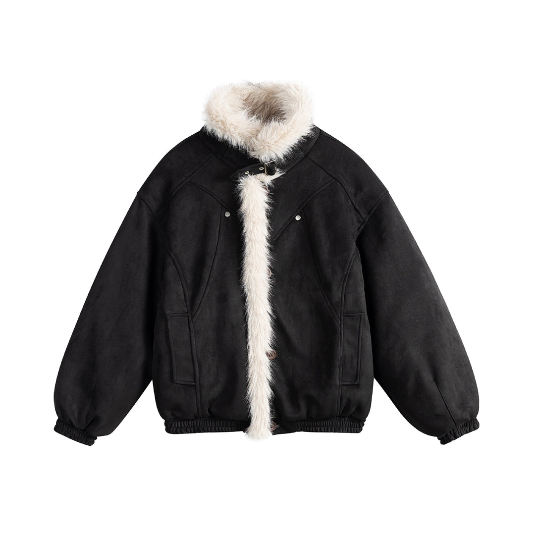 Ladies short cut velour imitation bomber jacket with teddy trim and adjustable neck strap Mune Fashion