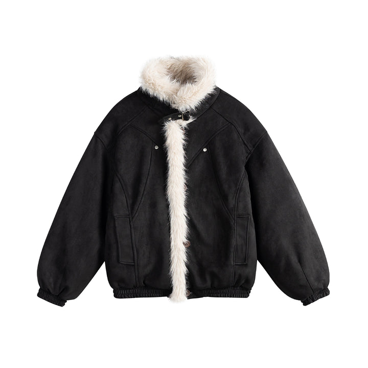 Ladies short cut velour imitation bomber jacket with teddy trim and adjustable neck strap Mune Fashion