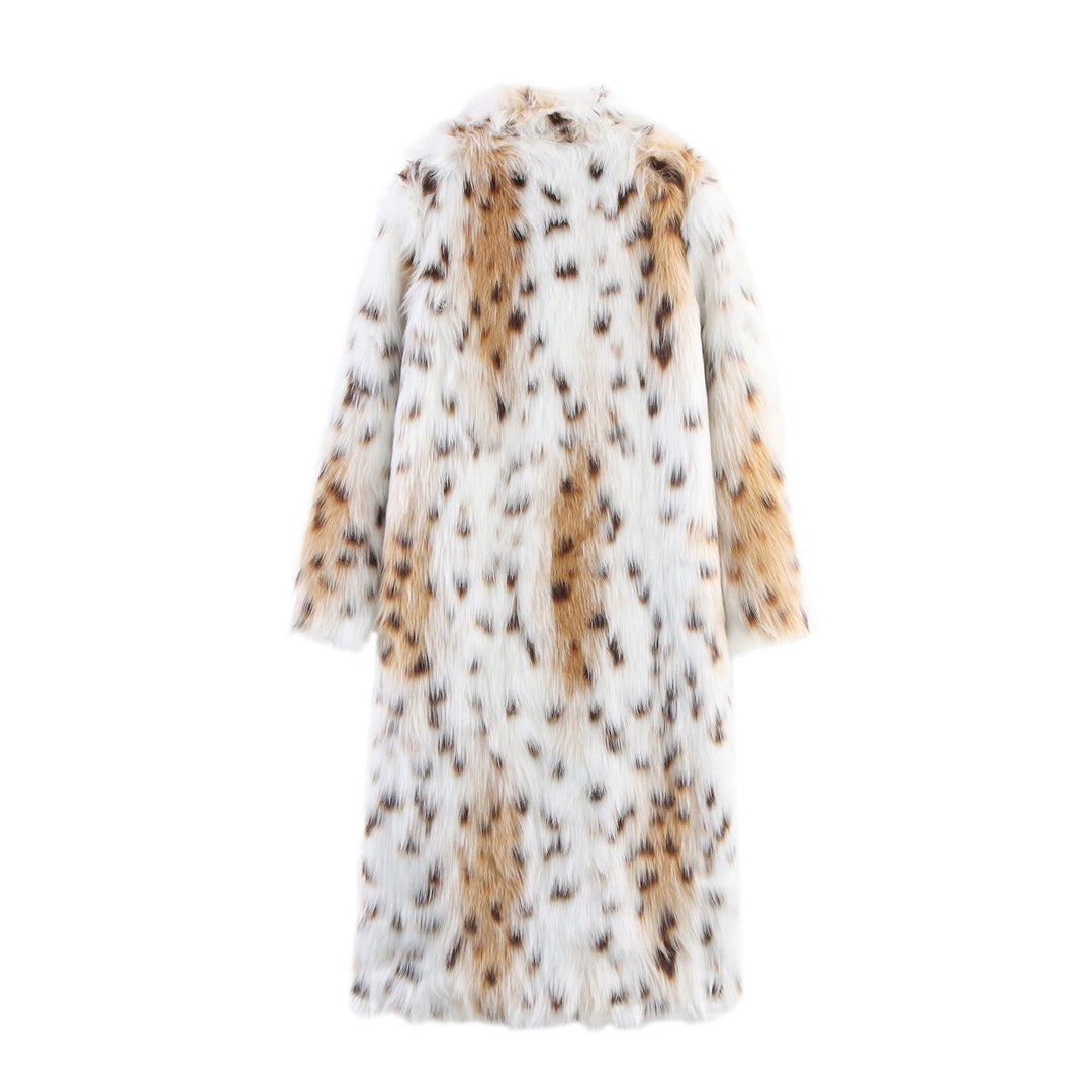 Women's Long Oversized Faux Fur Coat with Spotted Wildcat Print and Stand Collar Mune Fashion