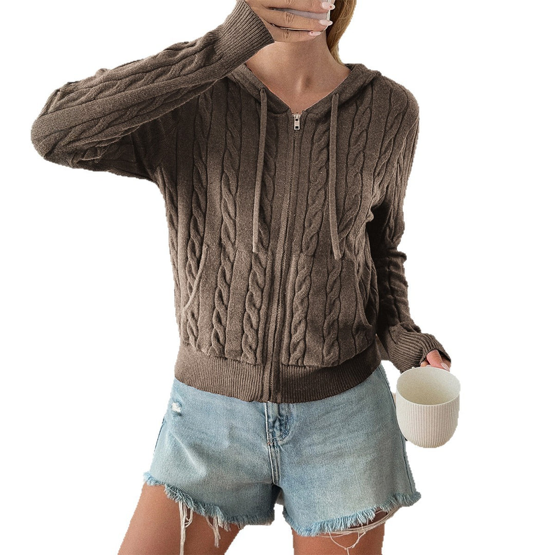 Women's Hooded Cardigan with Zipper, Cable Knit Texture and Kangaroo Pocket Mune Fashion