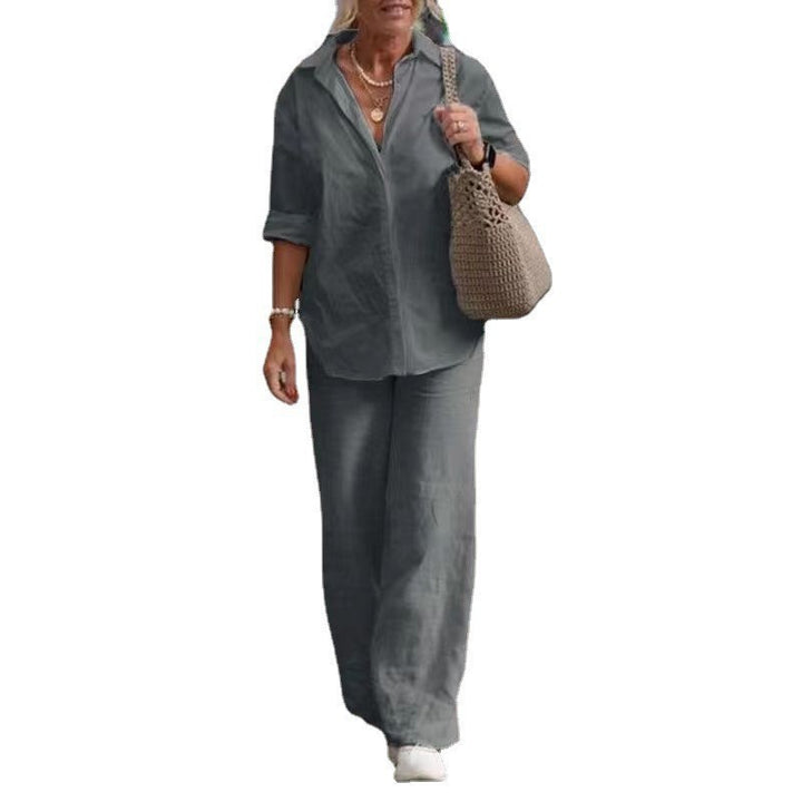Women's Lightweight Linen Loungewear Set with Open Shirt Collar and Wide Palazzo Pants Mune Fashion