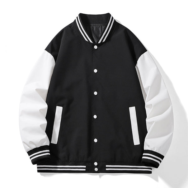 Unisex College varsity bomber jacket with contrast sleeves, striped ribbed cuffs and snap button closure Mune Fashion