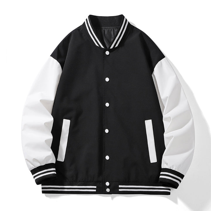 Unisex College varsity bomber jacket with contrast sleeves, striped ribbed cuffs and snap button closure Mune Fashion
