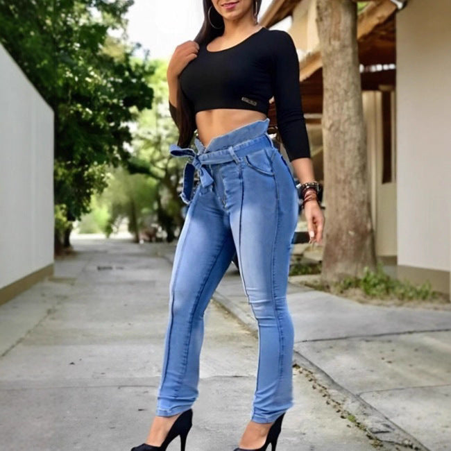 Women High-Waisted Paperbag Skinny Jeans with Ties and Vertical Seam Guidance Mune Fashion