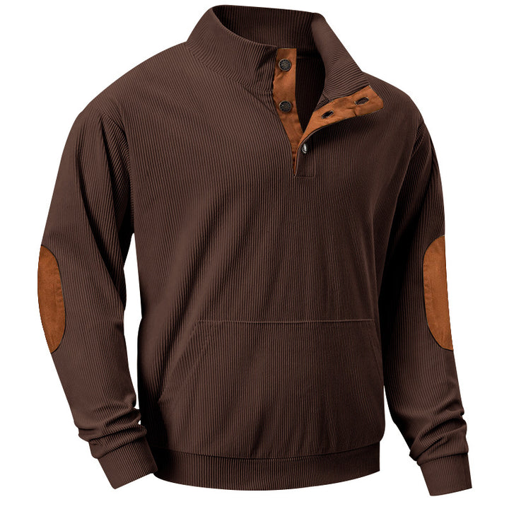 Men's fine ribbed stand-up collar sweater with button placket, kangaroo pocket, and suede elbow patches Mune Fashion