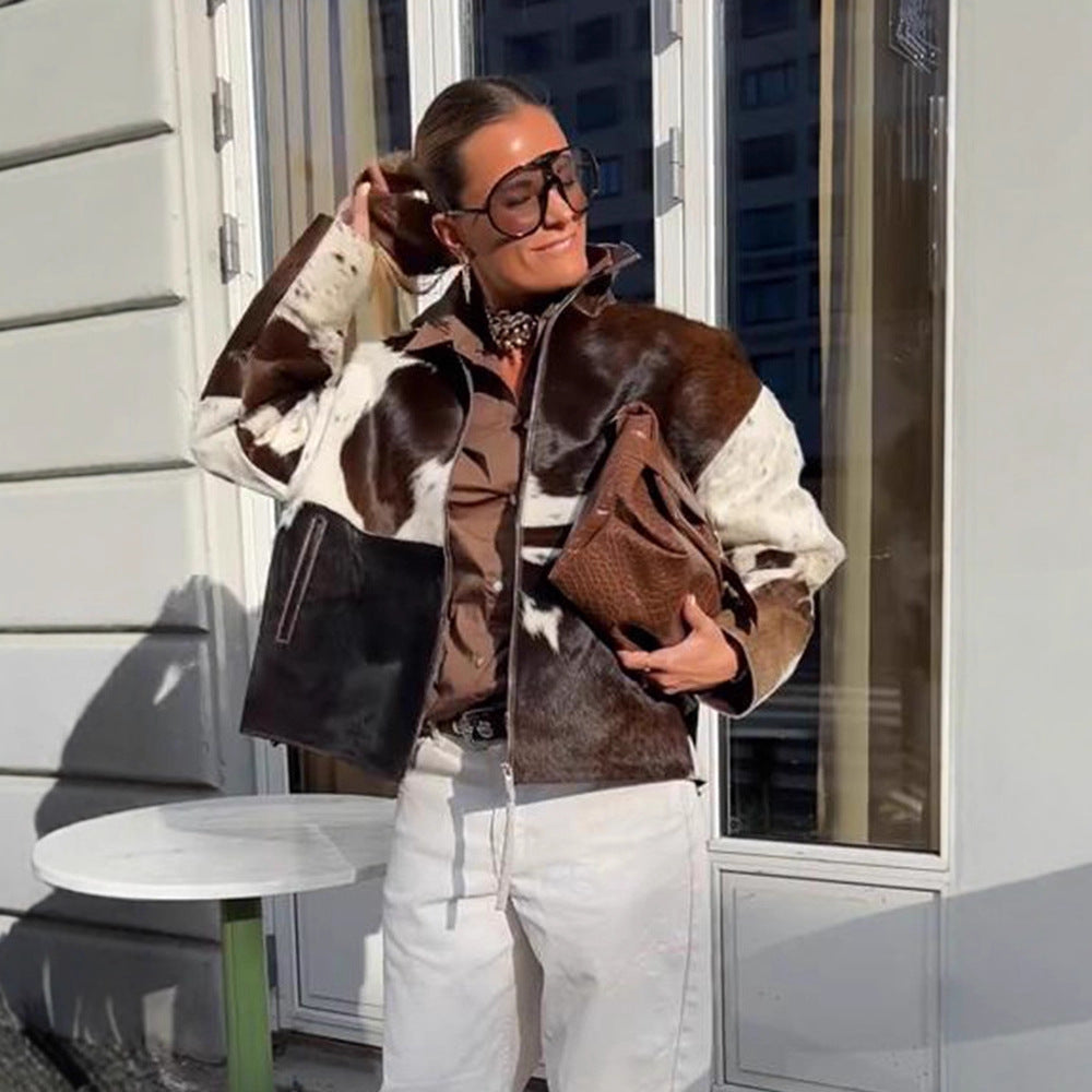 Women's short jacket made of shaggy faux fur with patchwork look and high stand-up collar Mune Fashion