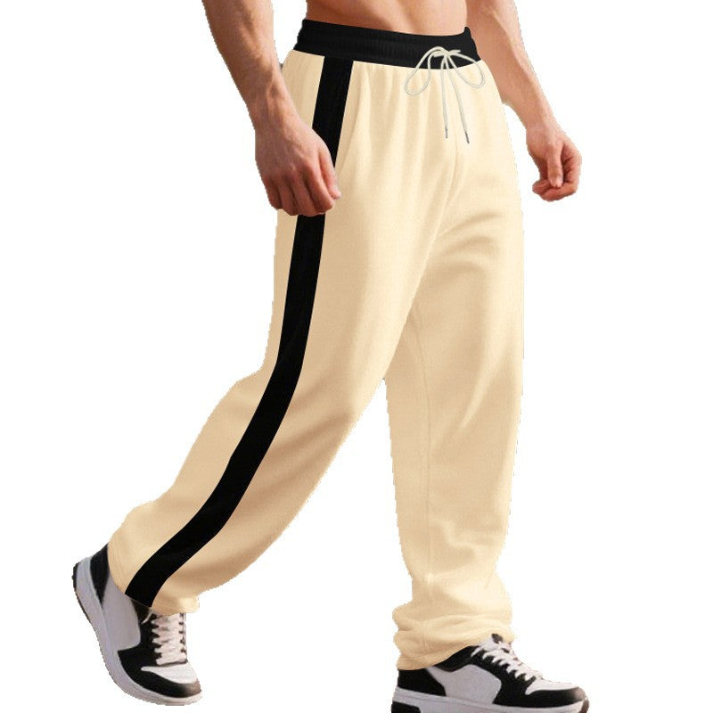 Men's wide casual track pants with contrasting side stripes, elastic drawstring waist, and open hem Mune Fashion