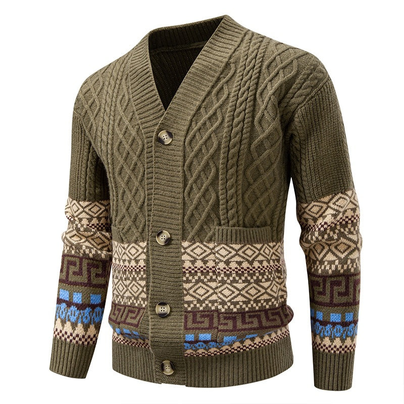 Men's knitted cardigan with cable pattern, jacquard cuffs, and button closure Mune Fashion