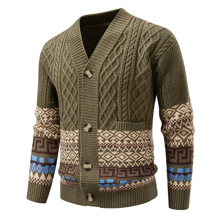 Men's knitted cardigan with cable pattern, jacquard cuffs, and button closure Mune Fashion