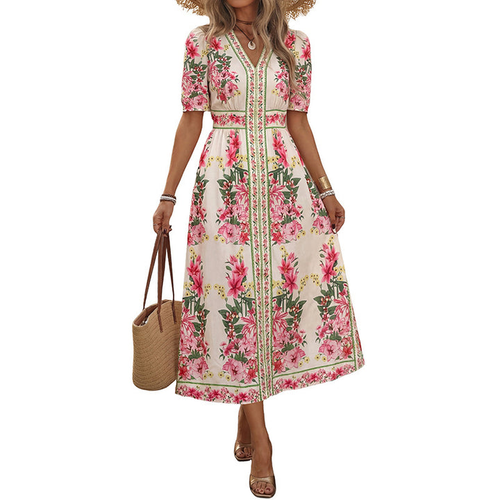 Ladies Elegant Flower Dress with Short Sleeves Mune Fashion