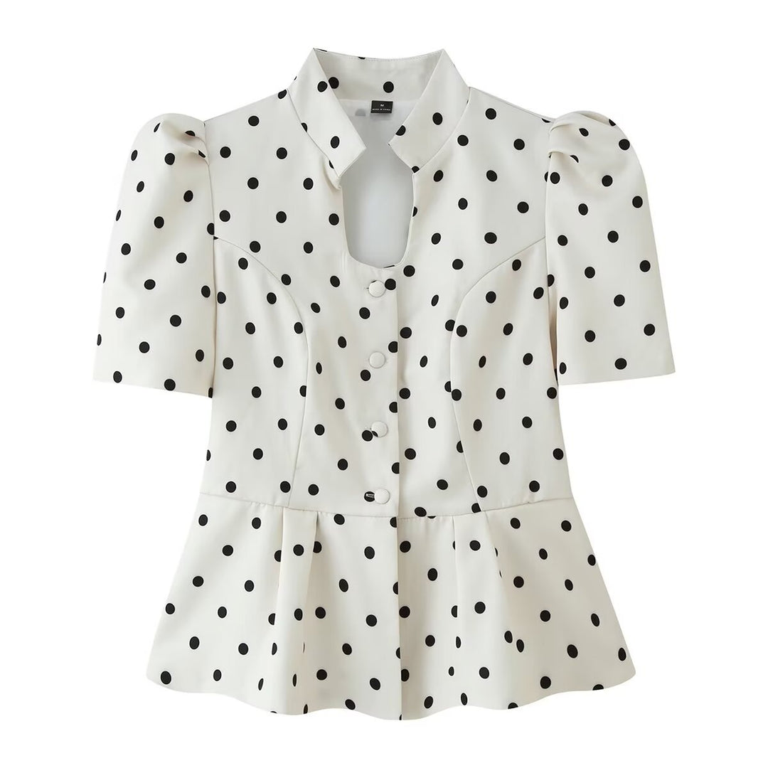 Women's Polka Dot Blouse with Stand Collar, Puff Sleeves, and Peplum Hem Mune Fashion