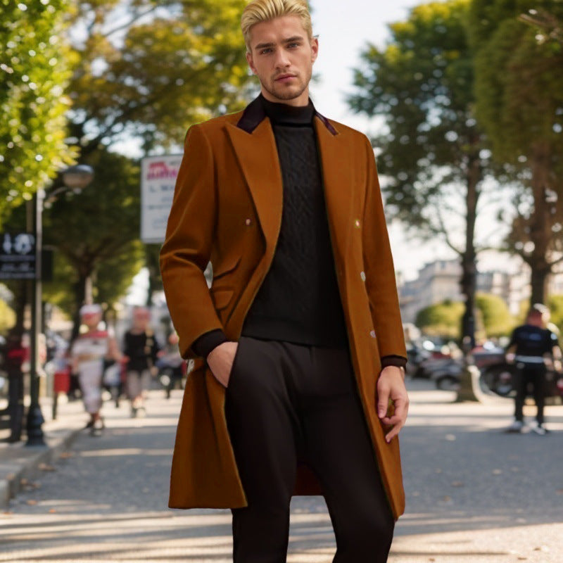 Men's Modern Urban Coat with Double Button Placket and Velvet Collar Mune