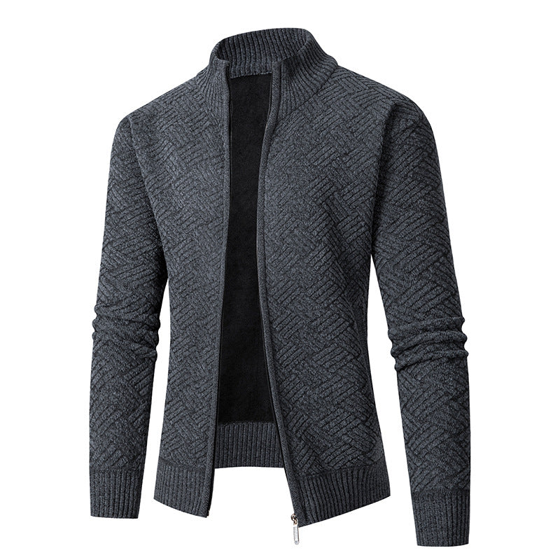 Men's Thermal Knit Jacket with Full Zip, Lined Stand-Up Collar and Geometric Structure Pattern Mune Fashion