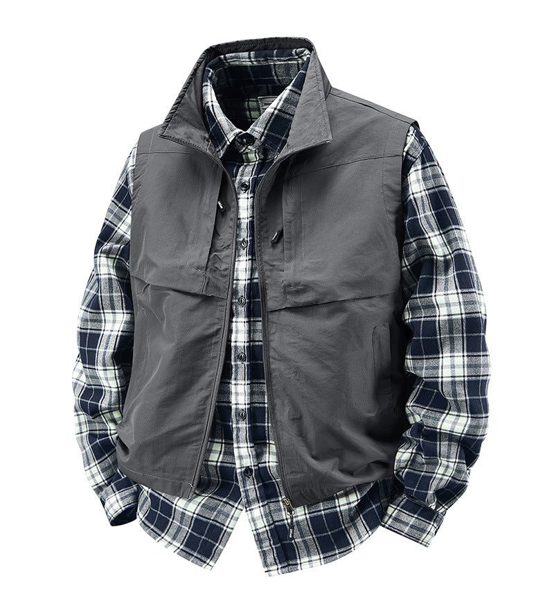 Men's Multifunctional Canvas Vest with Front and Chest Pockets and Adjustable Hem Mune Fashion